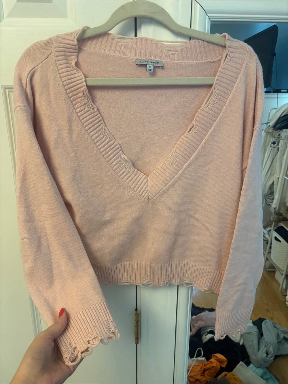 Bailey Rose Blush Pink Distressed V-Neck Sweater